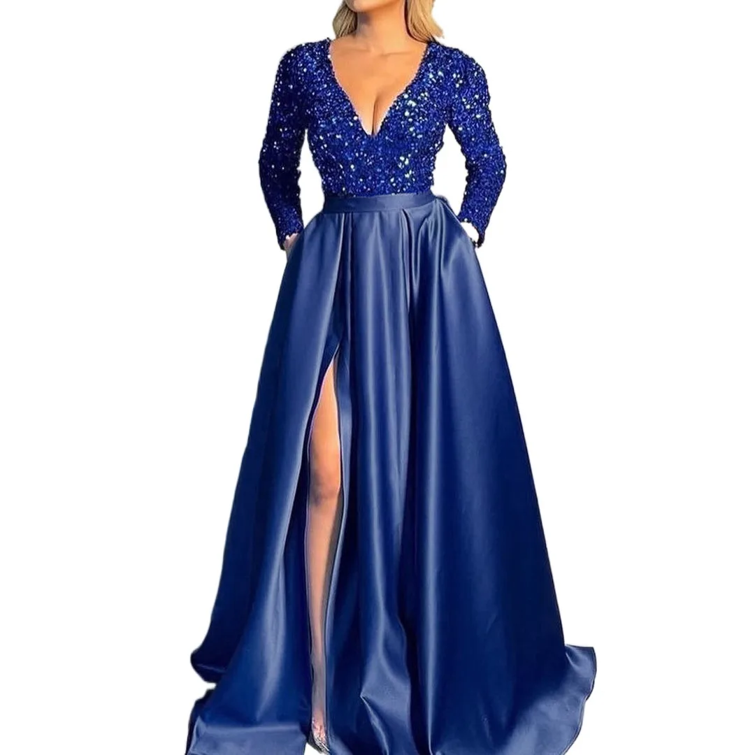 Alibaba Custom Formal Party Evening Dresses Blue Ball Gowns For Lace Long Sleeve Women Evening Dresses