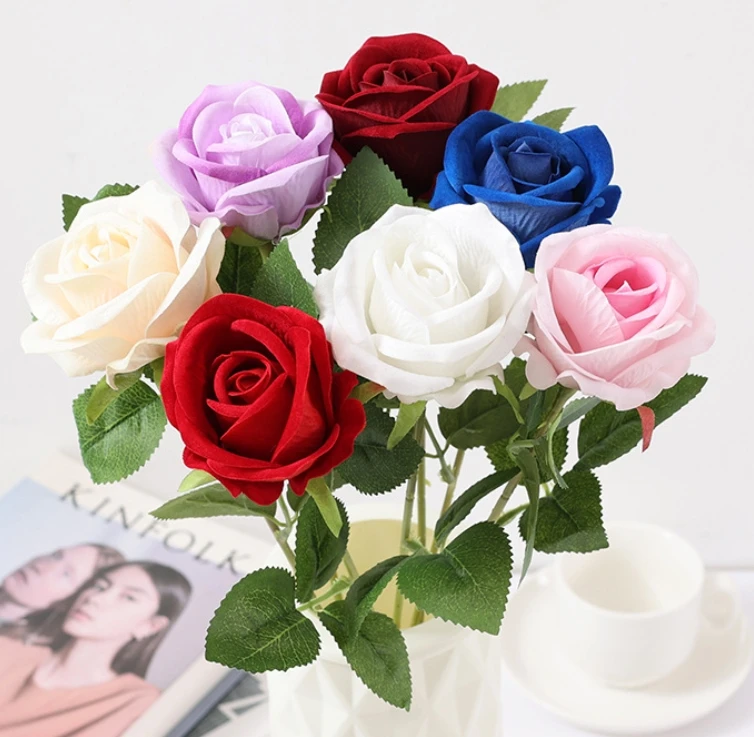 Artificial Velvet Roses Single Flower Factory wholesale Multiple colors Real Touch Eternal Rose flower wedding Decorative