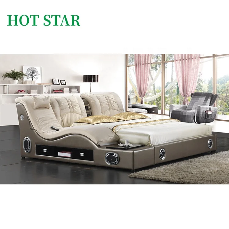 Hot Sale Modern leather Bed with Storage Box Multifunctional Bedroom Furniture Chersterfield Style Multimedia Speaker USB Charge