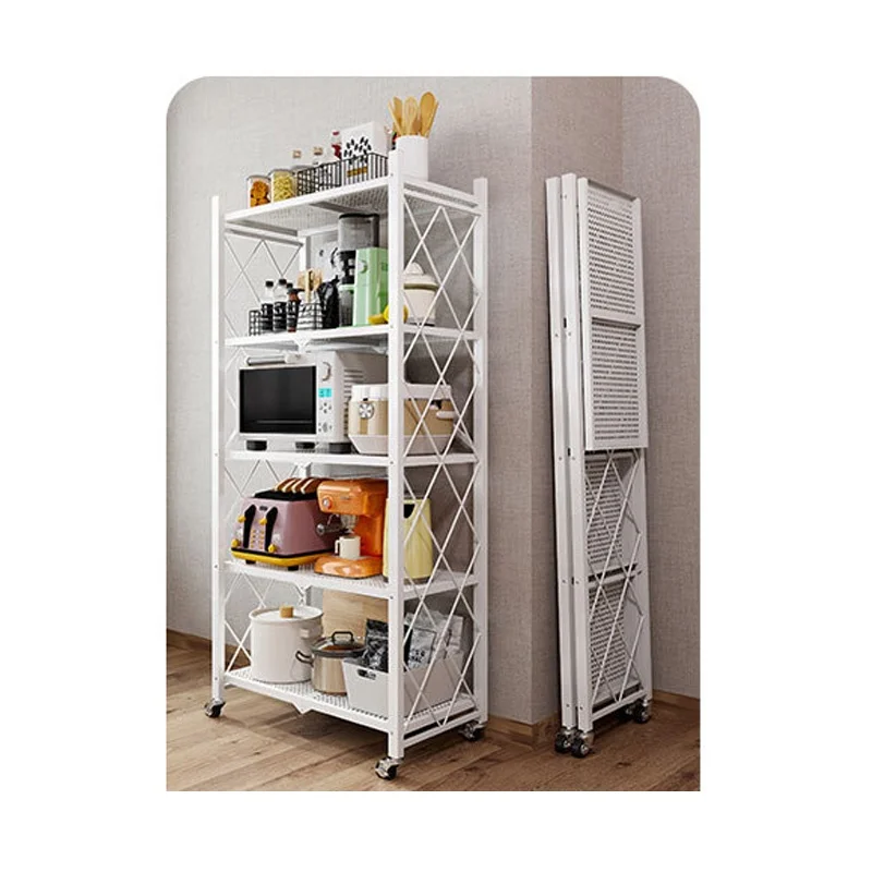 HSL001  Foldable Kitchen Vertical Shelving Rack Metal Storage Rack with Wheels 5 Tiers Mobile Iron Household Racks