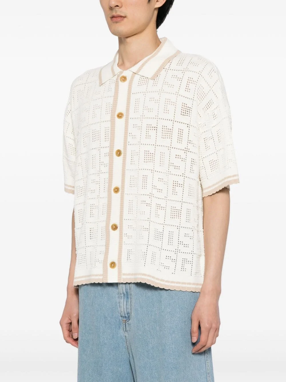 Manufacturer Provide Custom logo Pattern Men Short Sleeve Sweater Summer Button Closure Mesh Knit Polo Crochet Shirt