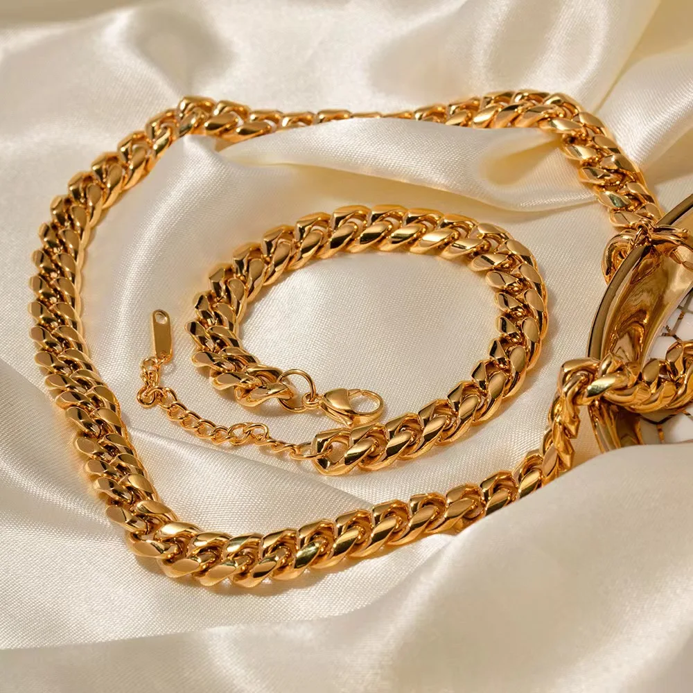 wholesale choker link chain jewelry set bracelet necklace women fashion stainless steel cuban link chain set