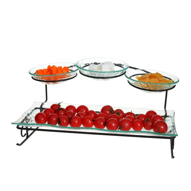 3pcs popular glass serving tray with metal rack