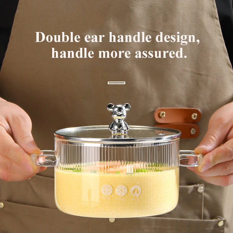 Household Kitchenware Clear Heat Resistant High Borosilicate Glass Cooking Pot With Bear Decoration