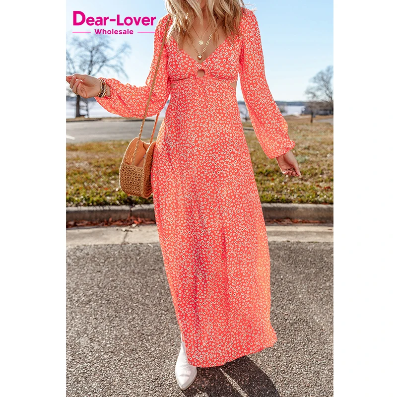 Dear-Lover Hot Selling Red Floral Long Puff Sleeve V Neck Hollow Out Women Casual Elegant Maxi Dress