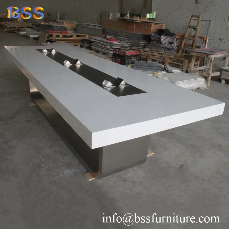 Prefab Boardroom Table Luxury Smart White Long Quartz Stone Corian Marble Top Office Modern Rectangular Shape Boardroom Table
