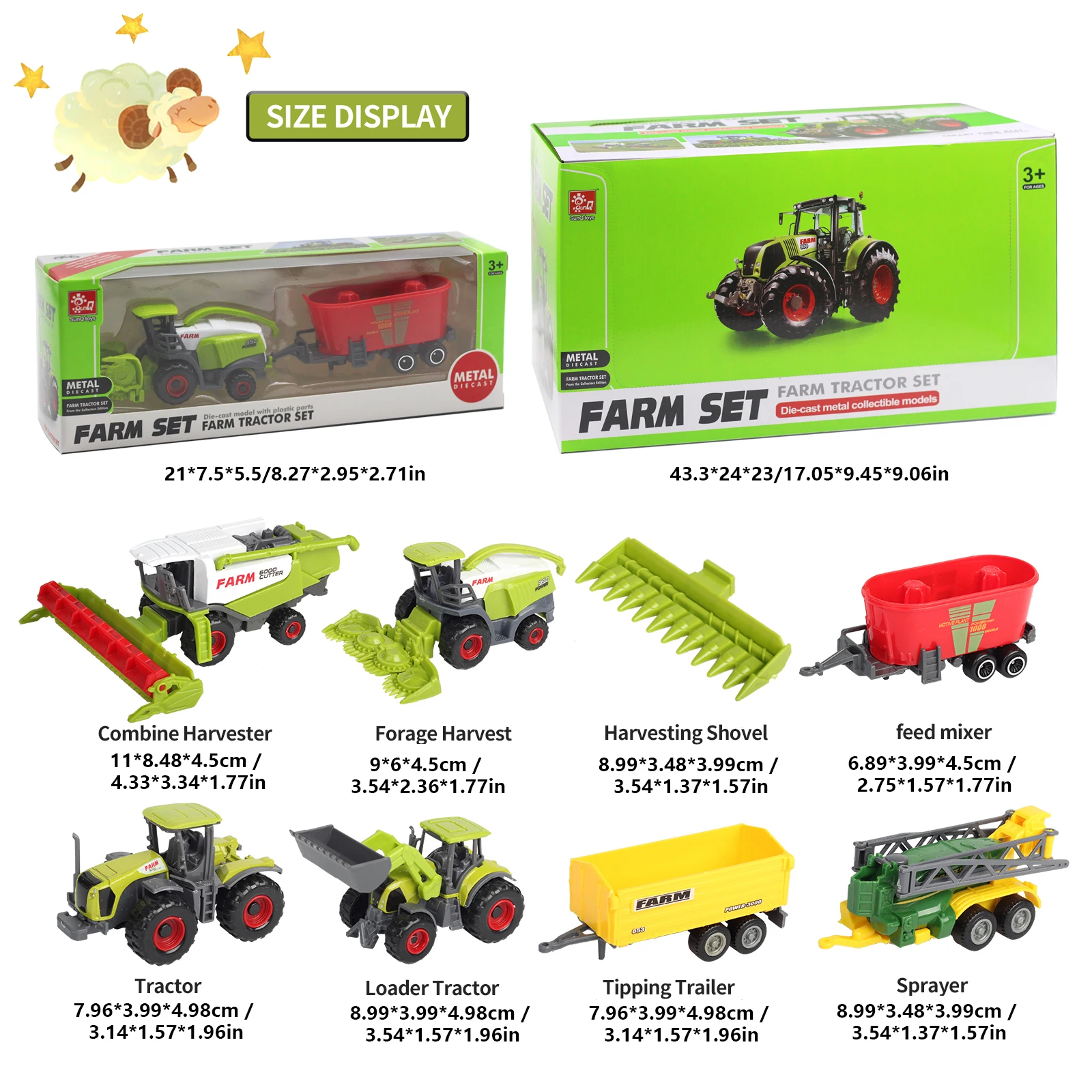 SunQ Multifunctional metal diecast vehicle toy car farm 24pcs alloy toy tractor trailer set