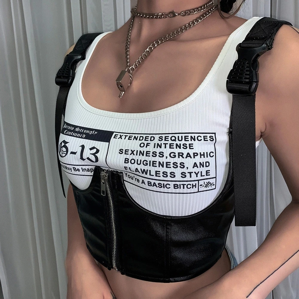 
Womens Black Punk Style Crop Top Buckle Streetwear Zipper Shirt Female PU Vest Chest Support Leather Camisole Tank Top 