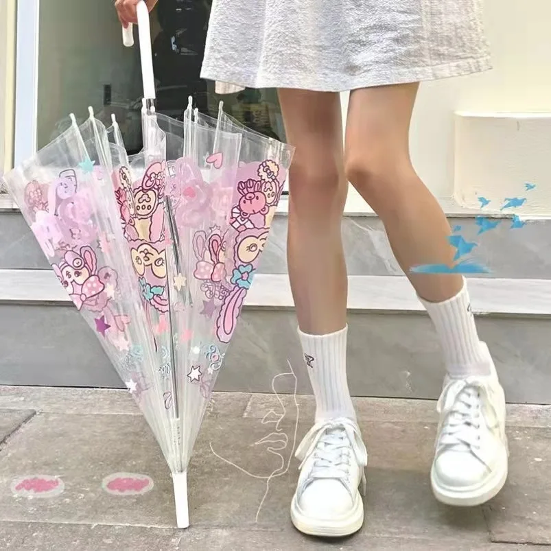 Black Rabbit Fully Automatic Transparent Umbrella Long Handle Princess Umbrella Cartoon Thickened Folding Portable Umbrella