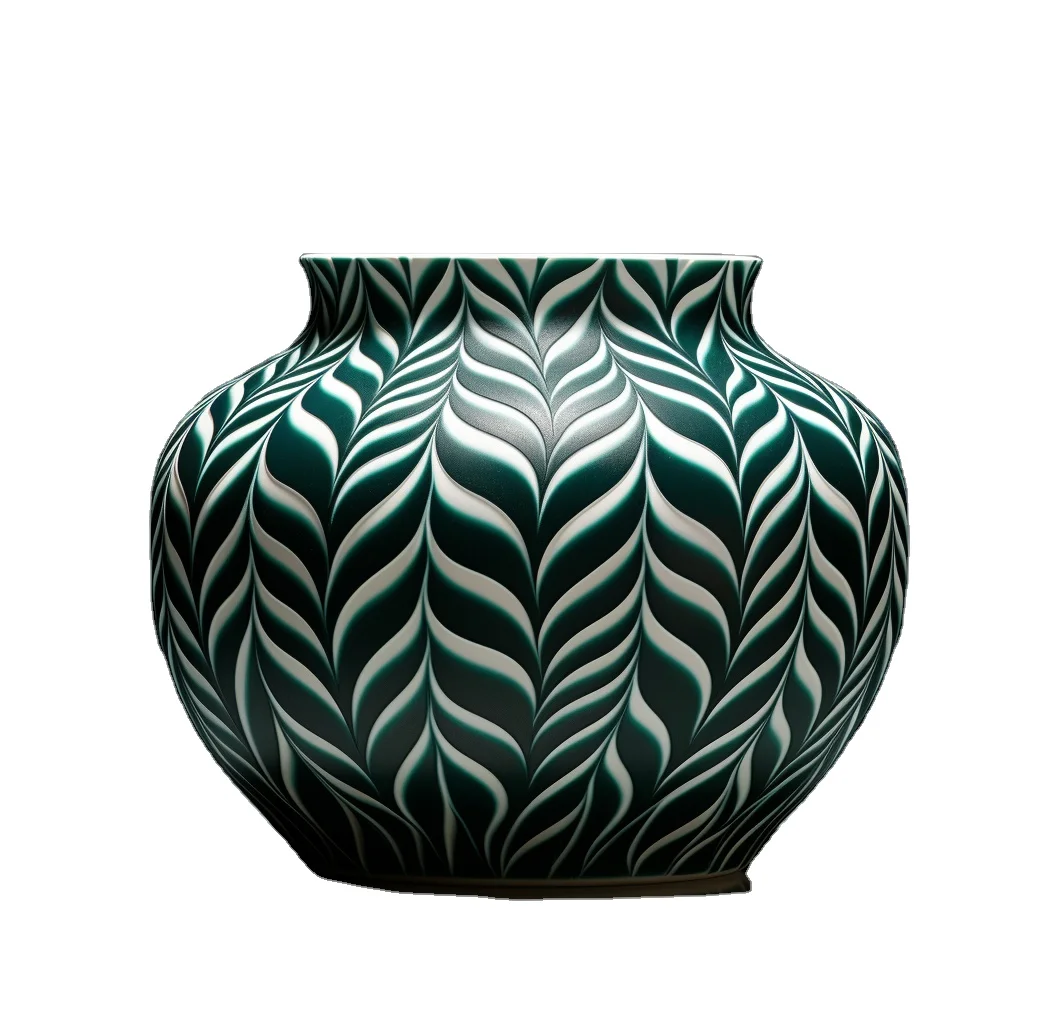5 inch Ceramic Flowerpot Plant Vase - Woodcut-Inspired Graphics, Dark Teal and Dark White Artistry with Art Deco Flair