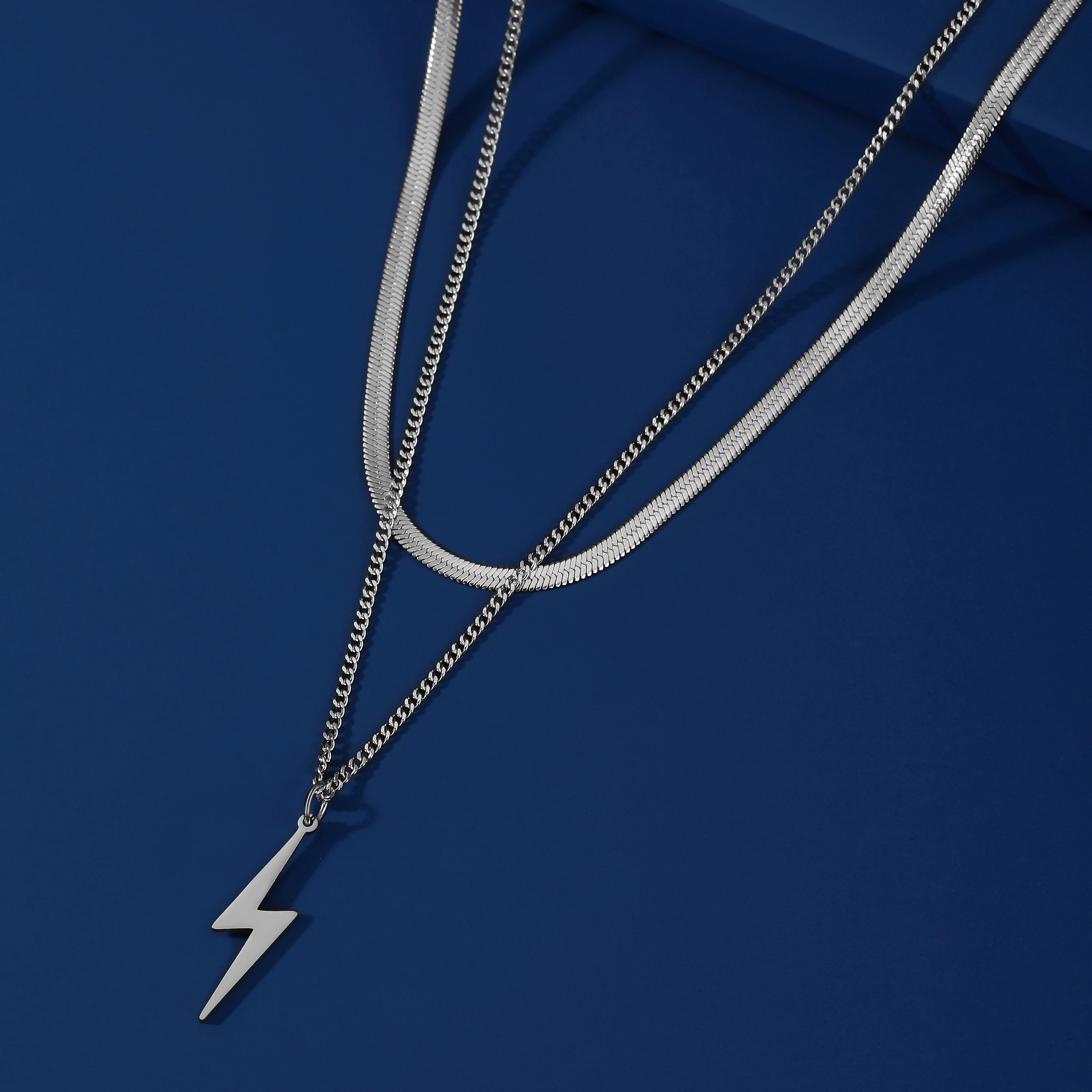 Lightning Bolt Pendant Necklace Double Layer Fashion Dainty Snake Link Chain Stainless Steel Jewelry
