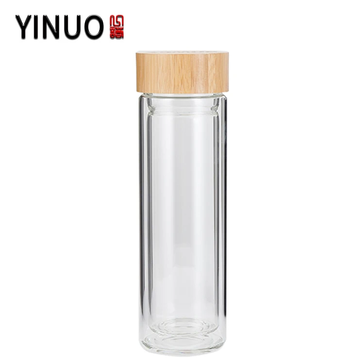 custom borosil glass fruit tea water bottle with tea infuser and wood lid