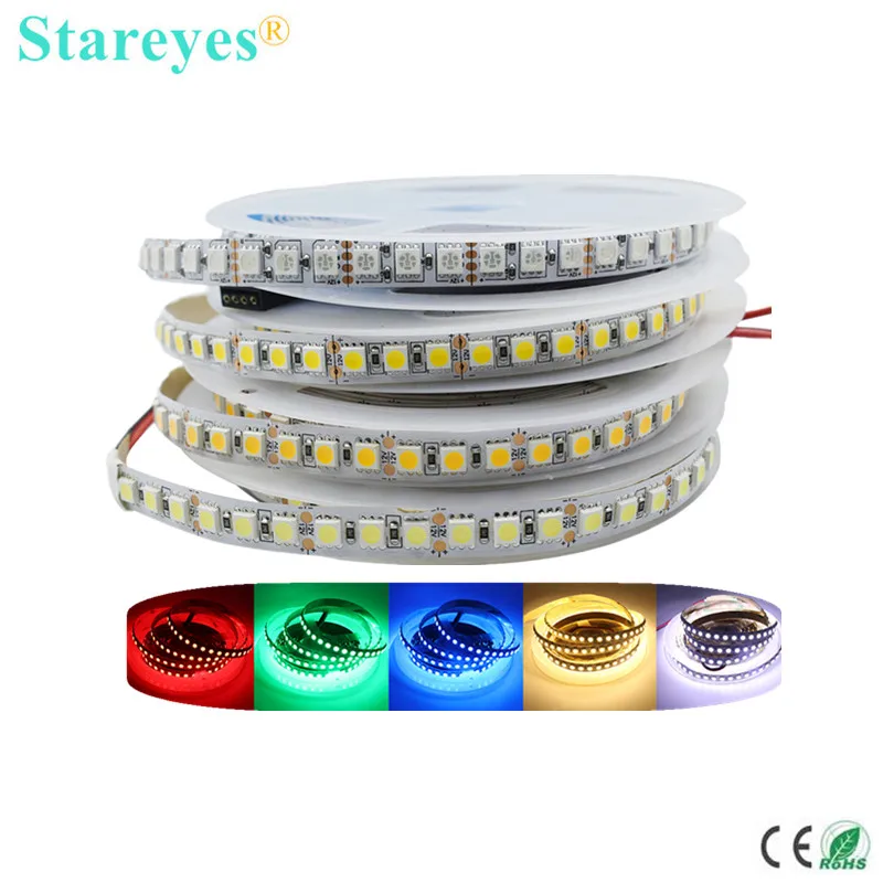 Free shipping 100 Pcs SMD 5050 120 LED 5m DC12V RGB Ice blue LED Strip Light IP20 IP65 IP67 Waterproof Flexible LED Tape Ribbon