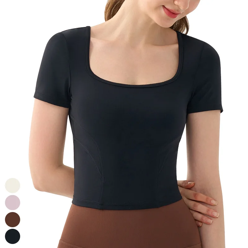 Quick Dry Running Fit T-shirt Back Mesh Breathable Sports Tops U Neck Gym Fitness Shirts Short Sleeve Yoga T Shirt For Women