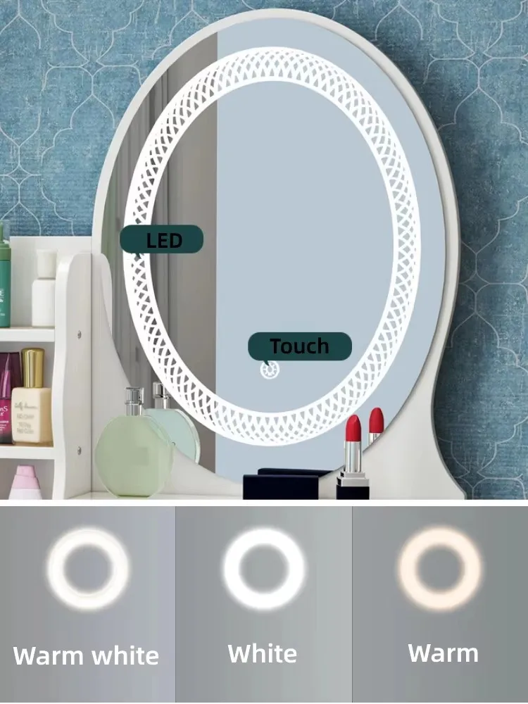 Dressing Table European Small Makeup Table with Oval Mirror and 2 Drawers and Door for Bedroom Dressing Room White