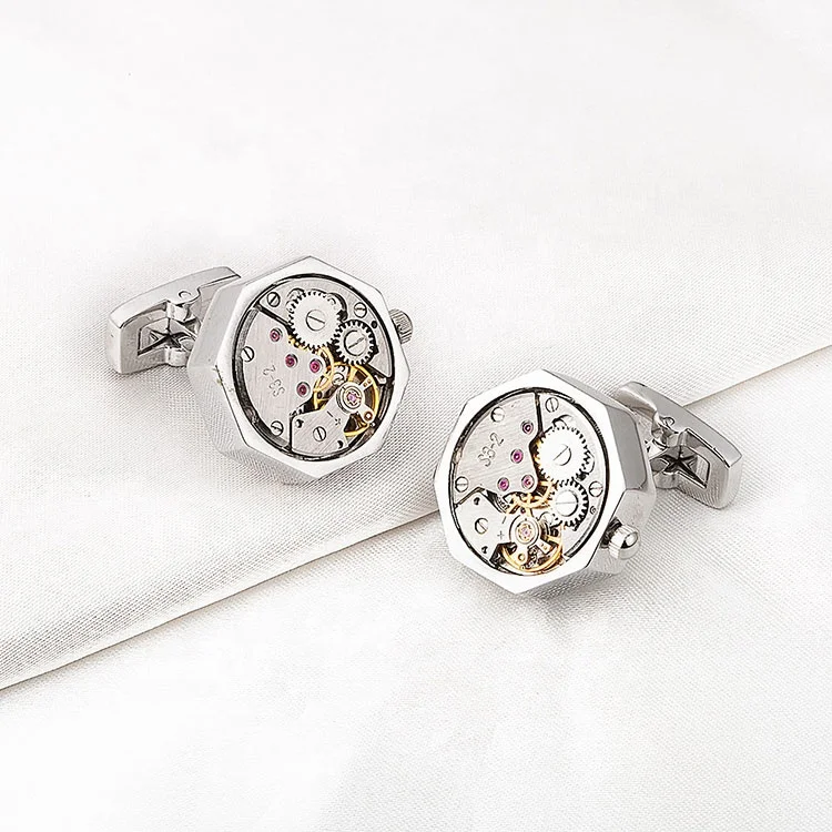 Wholesale Round Unique Tourbillon Engraved Watch Movement Suit Shirt Men Accessories Gift Set Cufflinks
