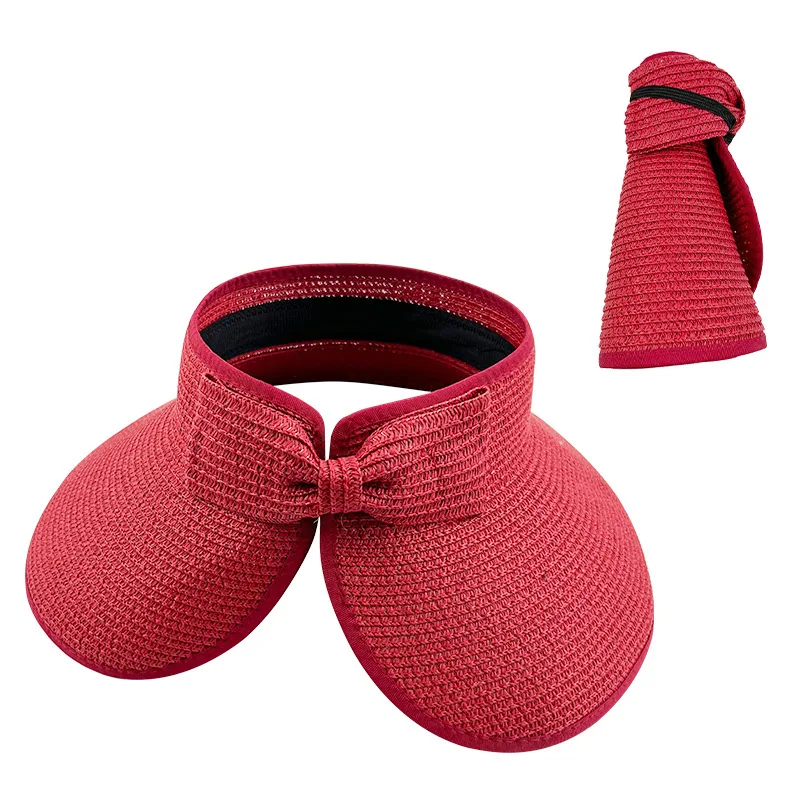 Stock Women Portable Casual Paper Straw Visor Cap Sun Beach Wide Brim Hat Airtop Visor Foldable Straw Hats