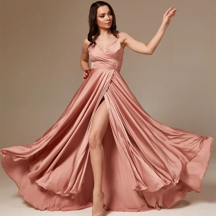 Sexy Light Pink Silk Flared Bridesmaid Wedding Guest Evening Dress Maxi Gown Even Wholesale Prom Dresses
