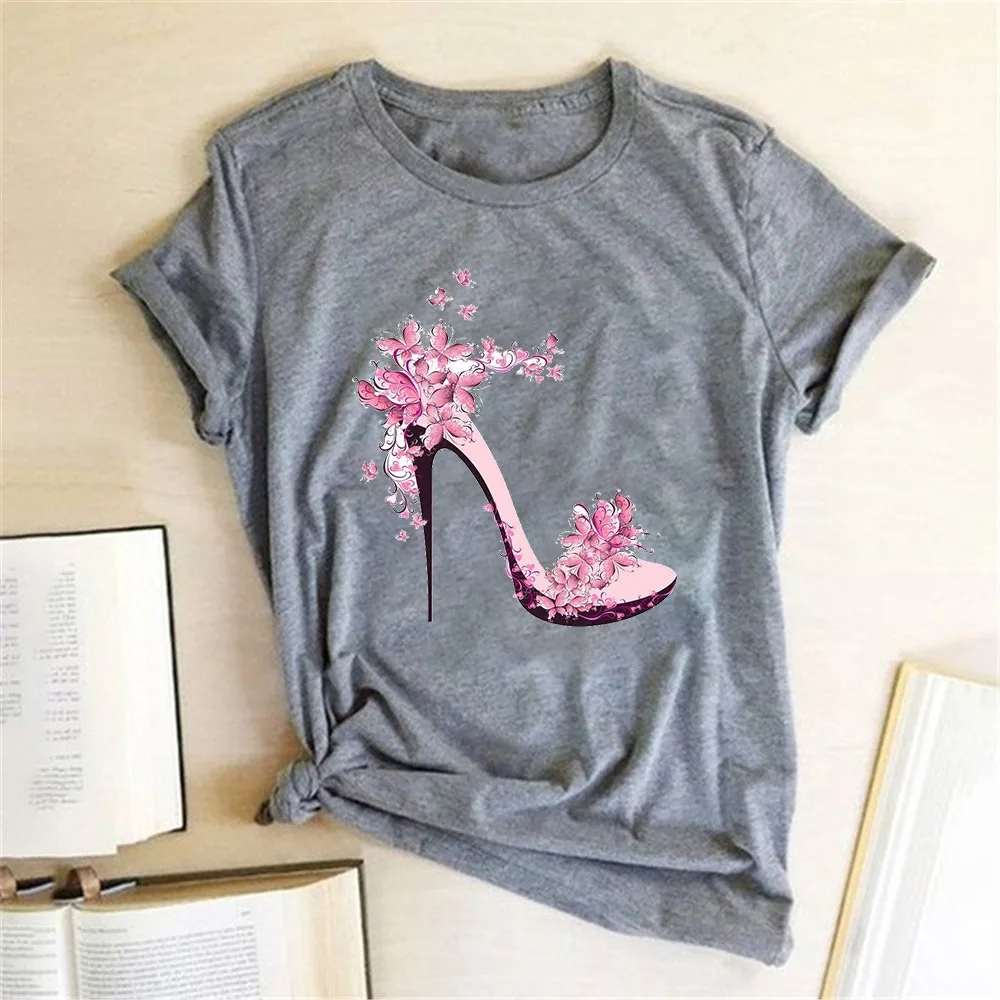 Ladies High Heel Cute Printed Tops Tee Casual Female T Shirts