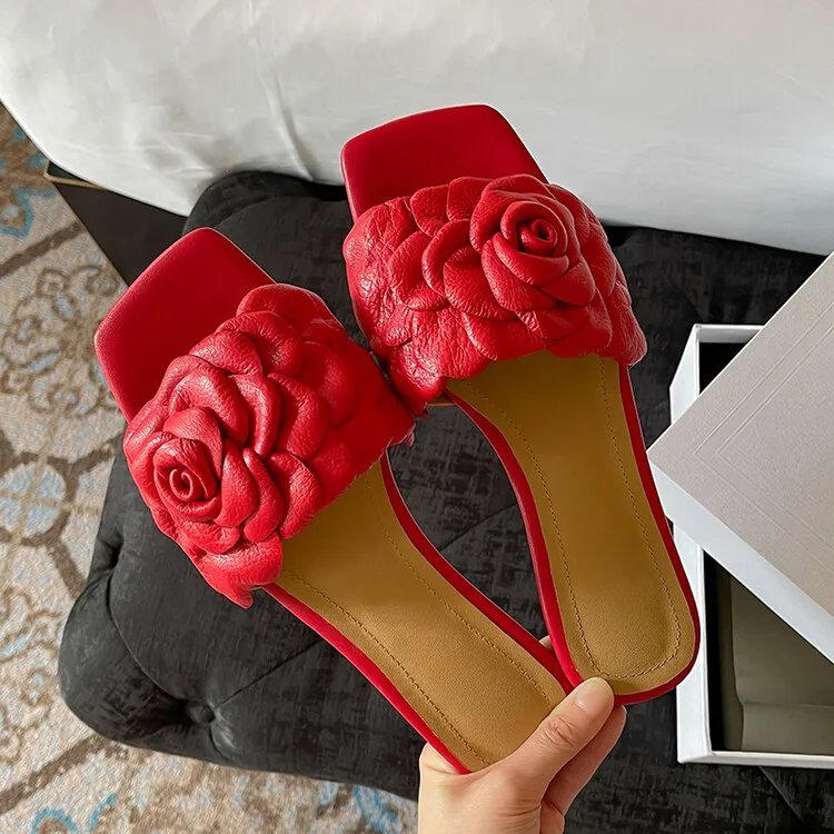 women Genuine Leather designer Summer Beach Outdoor Casual square Toe Gold flowers Slides Slipper sandals for women and ladies
