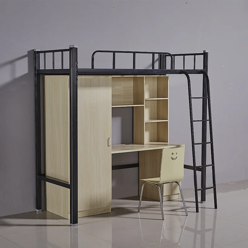Modern Saving Space Bunk Bed With Desk Underneath Steel Bed Wooden Desk With Wardrobe For School Child Bedroom Apartment Use