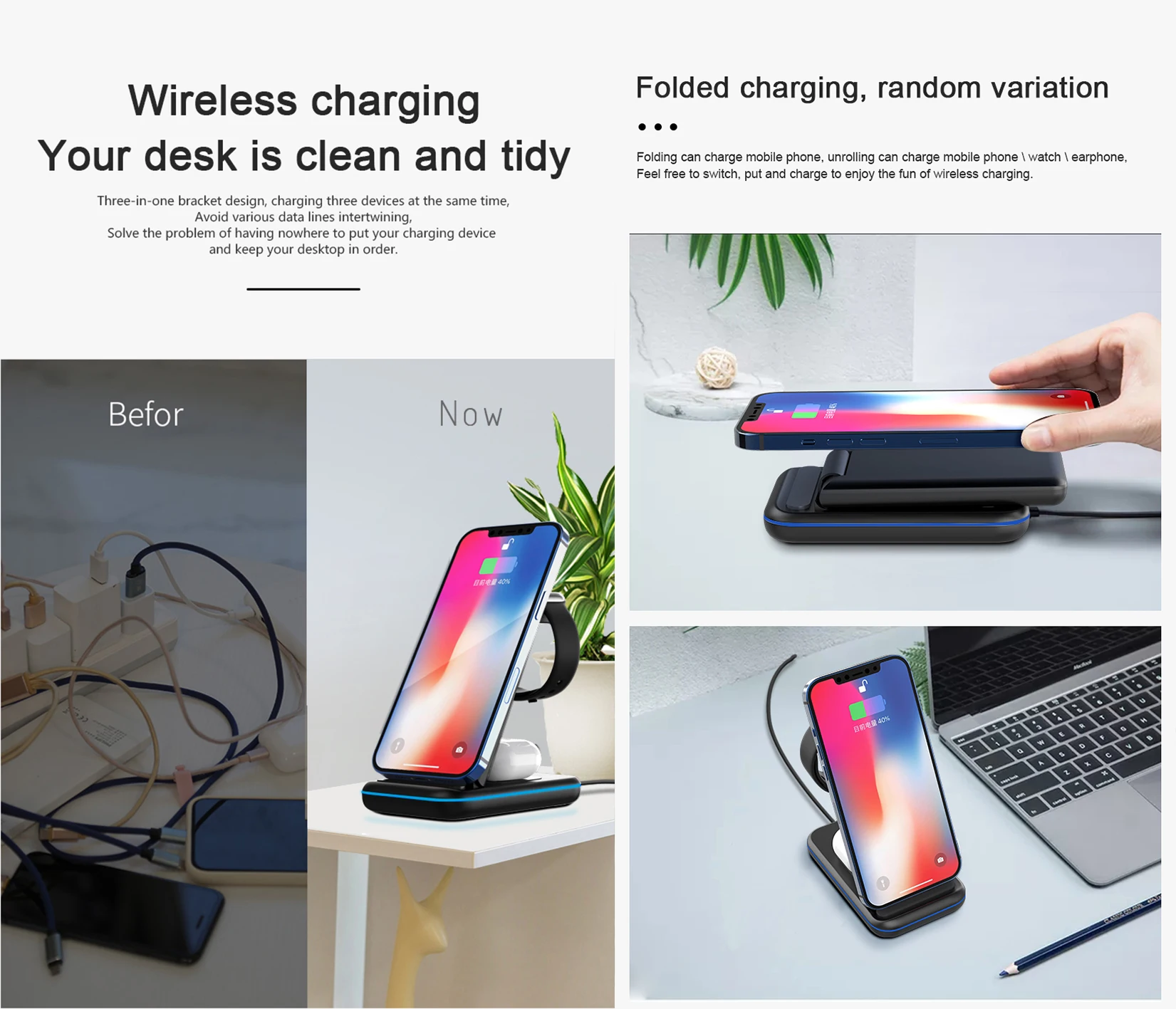 Foldable QI  3 In 1 Wireless Charger 3 In 1 15w Fast Wireless Phone Charger Pad