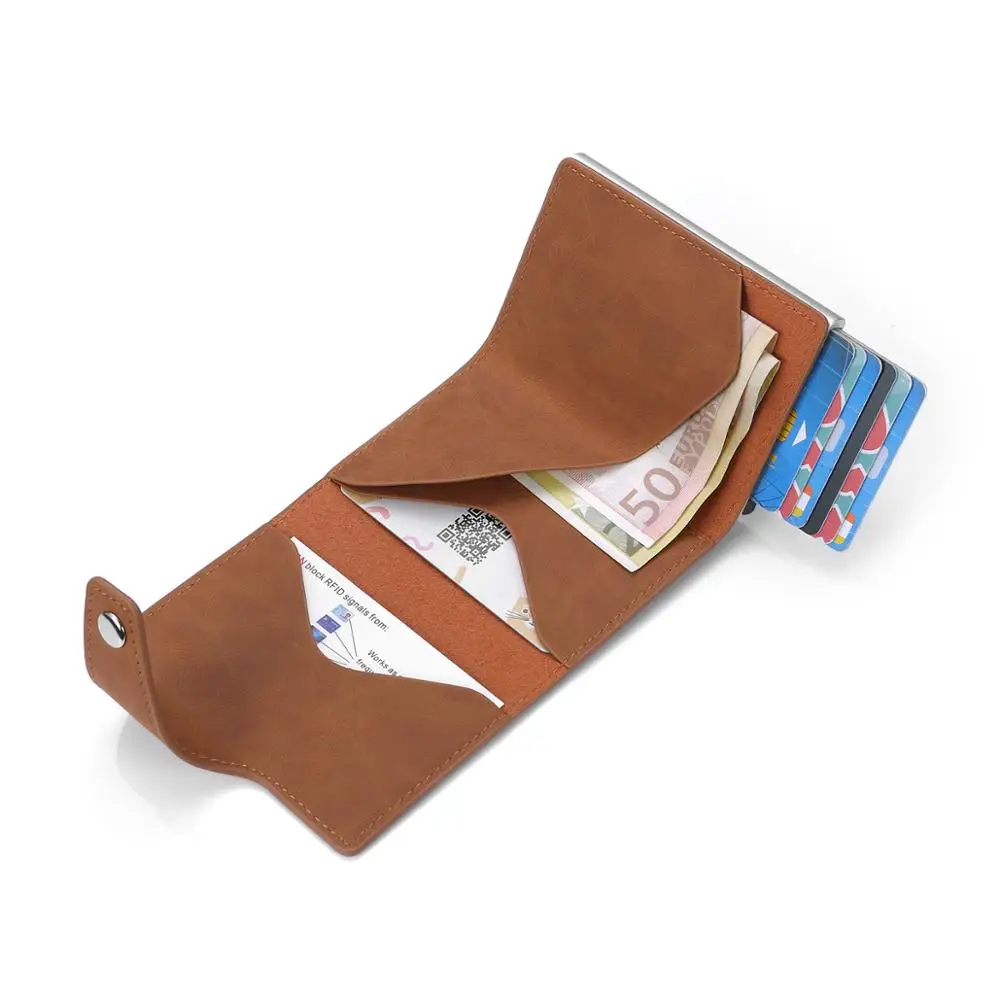 RFID Safe Wallet Card Case Pop-up Card Case 3 fold Genuine Leather Credit Card Holder