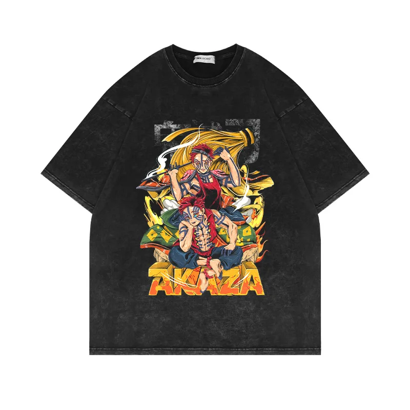 Summer heavyweight cotton oversized drop shoulder dtg custom t-shirt unisex vintage wash t shirt demon slayer anime shirt
