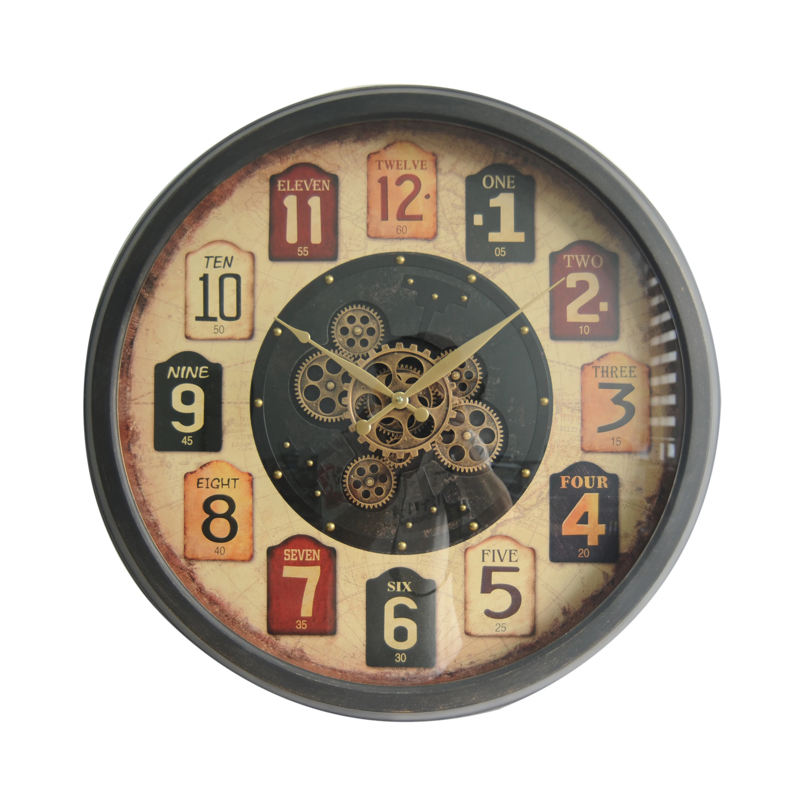 Metal Round Antique Colorful Retro Home Decorative Pendulum Wall Clock With Real Moving Gears Glass Face Covered