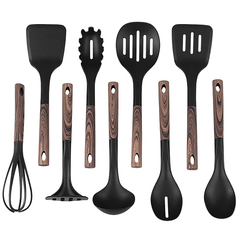 
Amazon hot sell plastic cooking utensil set 9 piece wood pattern handle non-stick nylon kitchen tools for cookware 