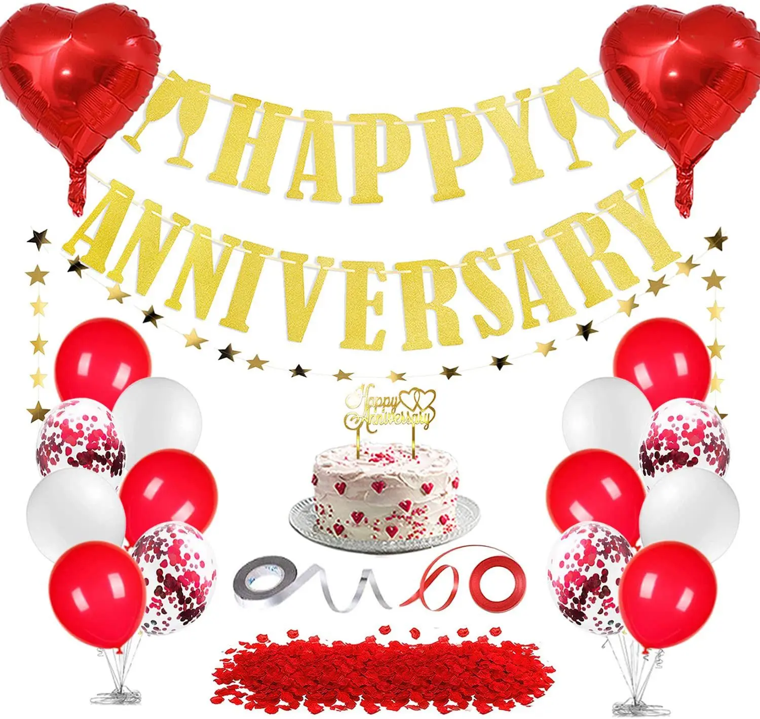 Happy Anniversary wedding balloon decoration set with banner cake topper foil heart shape red confetti balloons