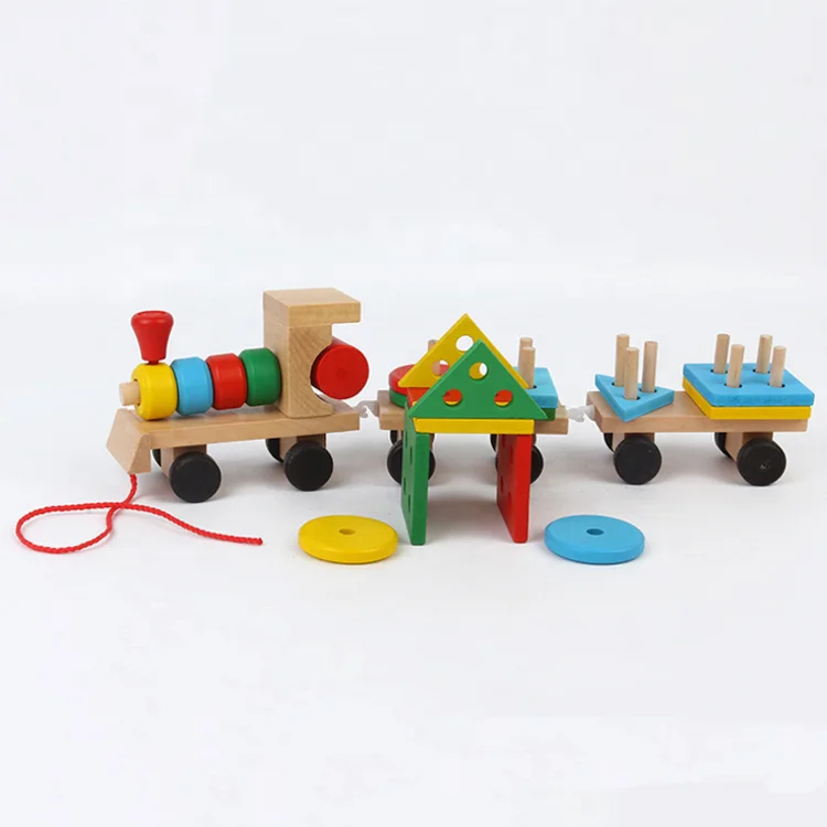 Wooden Block Train Toy Set Wheels For Kids Railway Track Vehicle Recognition