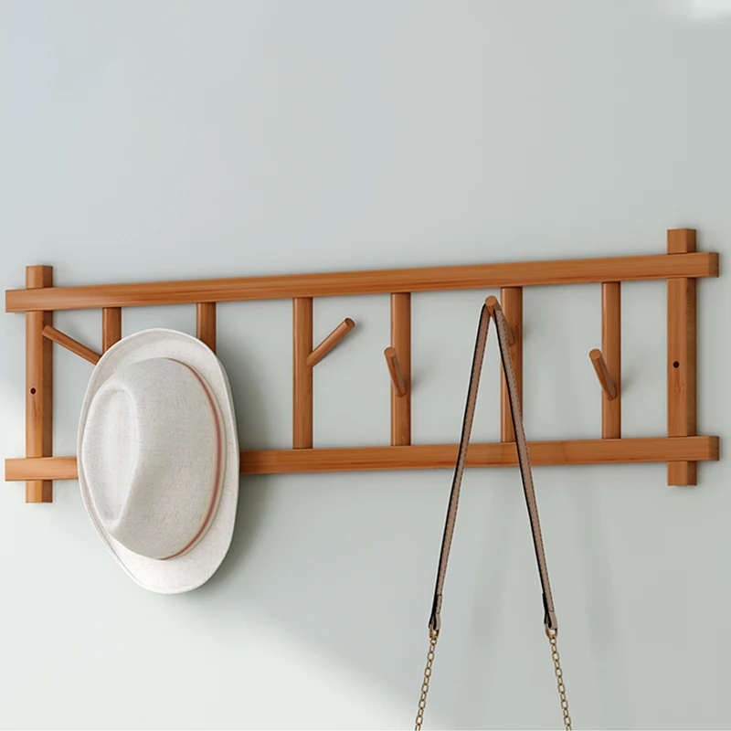 Wholesale Coat Hooks Bamboo Wall Mounted Coat Rack with 8 Hooks Entrance Bag Key Holder Hanger with Removable Hooks