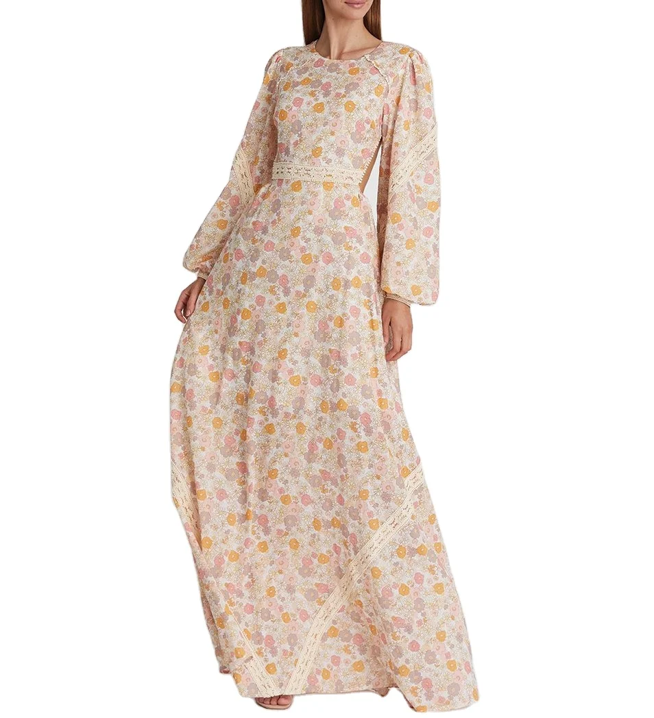 
2021 New Trendy OEM Painting Crew Neck Ladies Beach Flower Long Sleeve Womens Long Maxi Floral Casual Dresses 