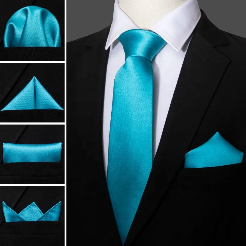 Classic Lake Blue Solid Color Mens Tie Handkerchief Set