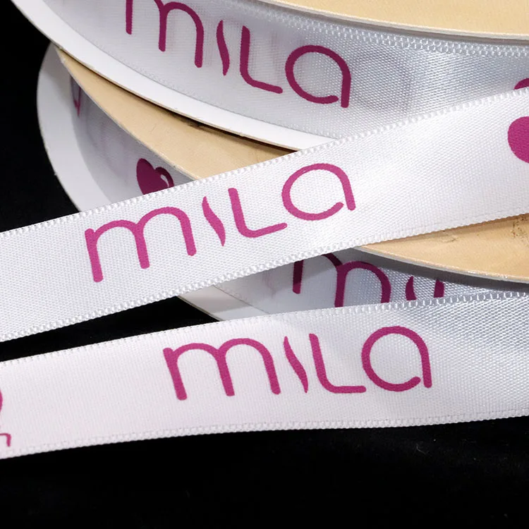 Factory custom artwork ogo silk printed satin ribbon , 2 cm white single face personalised polyester ribbon printed for bows