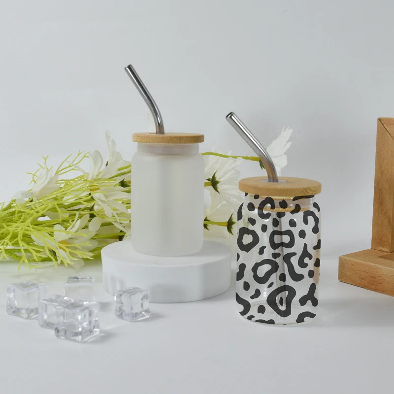Hot Sale 3oz sublimation Frosted clear Beer Can Shaped Drinking Glasses 3 oz mini tumbler Glass Cups with Bamboo Lid and Straw