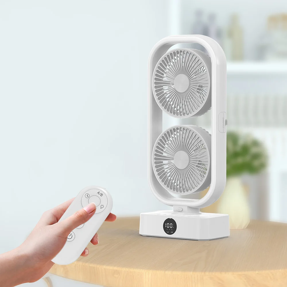 New Design Rechargeable Table Desk Fan 10000mAh Battery Standing USB Charger Electric Oscillating Double Head Mini Tower Fan