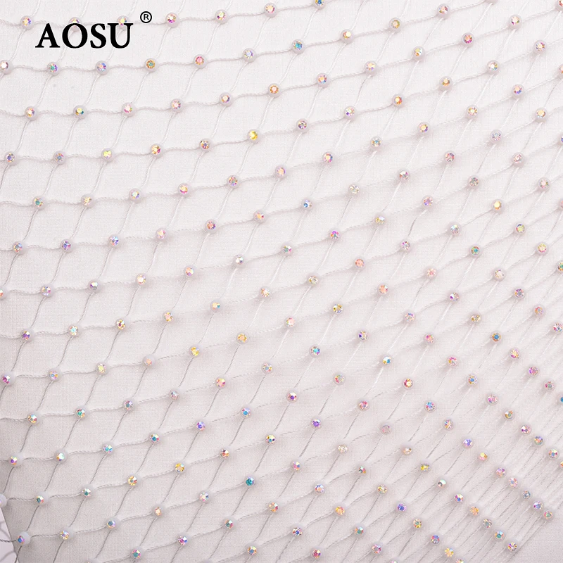 AOSU 1 Meter Clear Glass Rhinestone Mesh Fabric Sewing Crystals Trim Net Stretch Diamond Ribbon Strass Applique For Dress