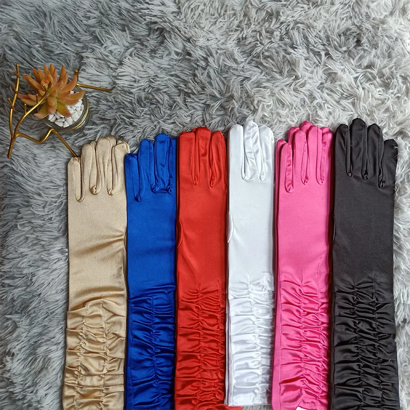 cheap 38cm Elbow Long classic Wrinkled Wedding Gloves Bridal Satin Bridal Gloves With Five Fingers Opera evening Accessories