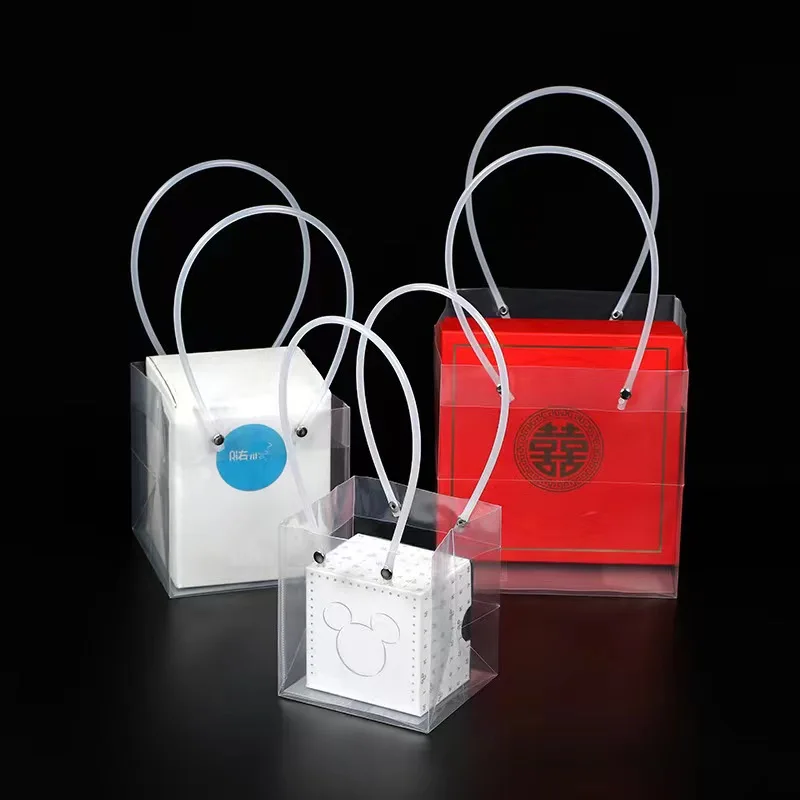 Ready To Ship Wholesale Large Size design logo PP Transparent Plastic Flower Bag Clear Gift Flower Bouquet Bag With Handle