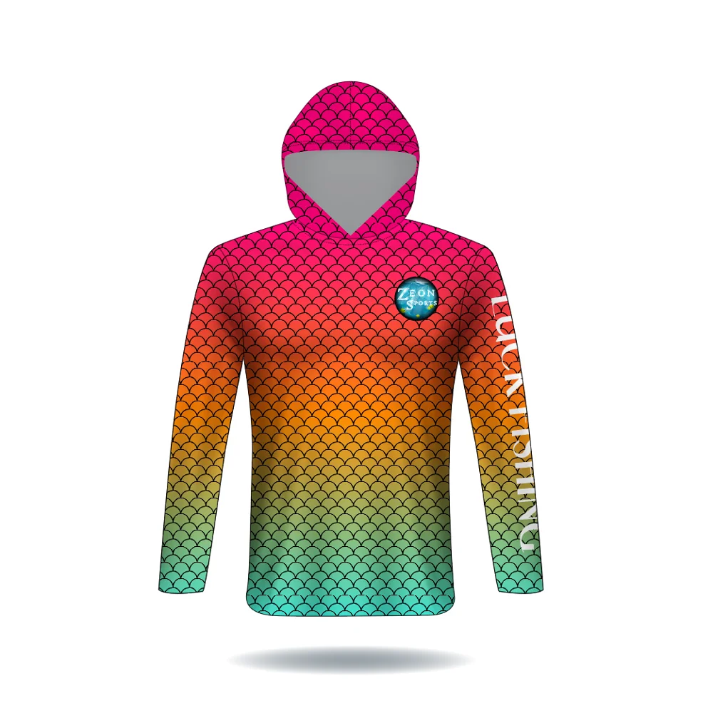 custom gradient color fish scales design dye sublimated quick dry upf 50 long sleeve hooded fishing shirts