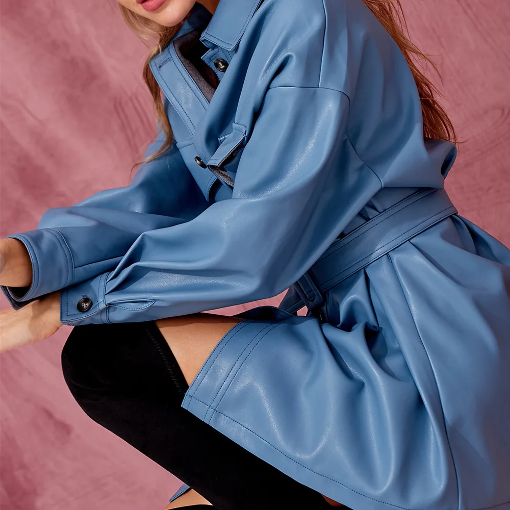 
Womans clothing new pu leather fashion mini a-line dress with belted 