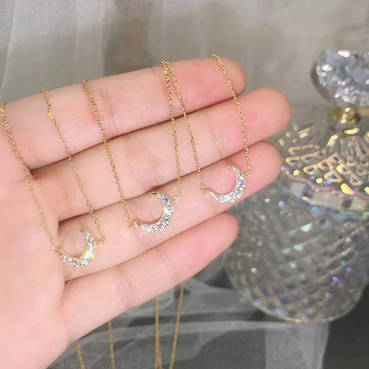 S925 sterling silver gold plated moon zircon diamond pendant necklace for women girls