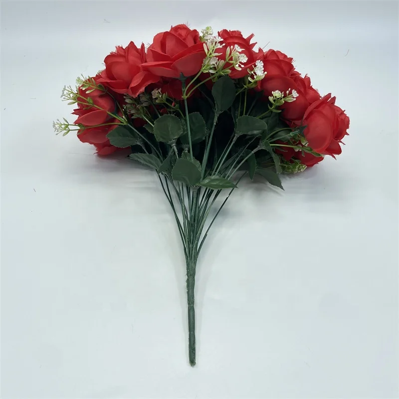 BS0103 Home Flower Arrangement Desktop Decoration 18 Head Red Rose Gypsophila Bridal Wedding Flower Artificial Bouquet