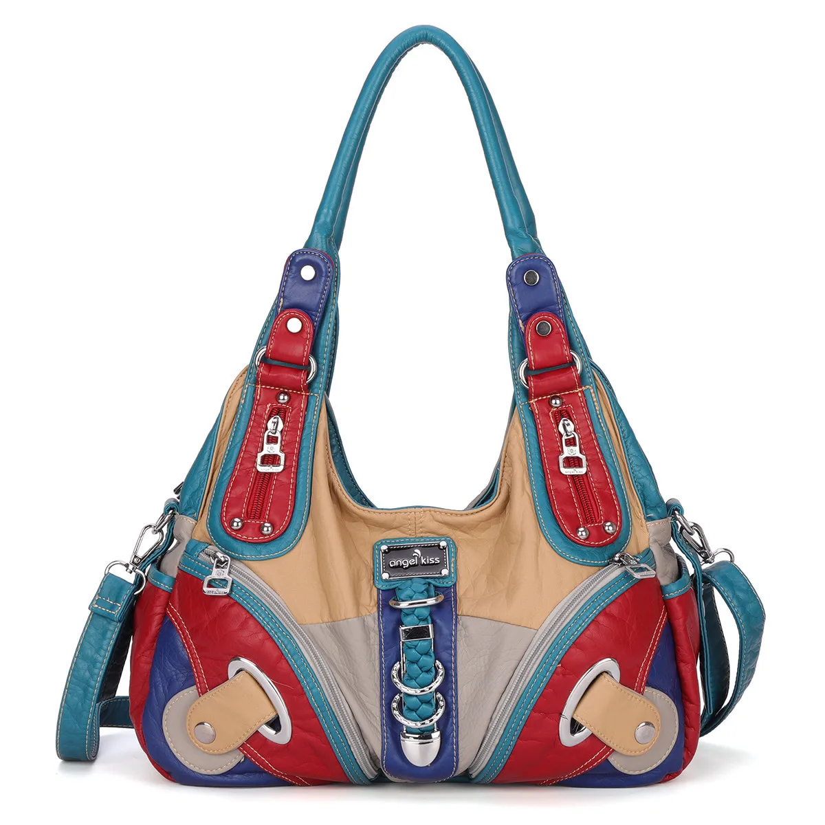 Angel Kiss Brand Tote Handbags New Arrival Women Patchwork Handbag Multi Color Combination Shoulder Bag PU Casual Tote Fashion