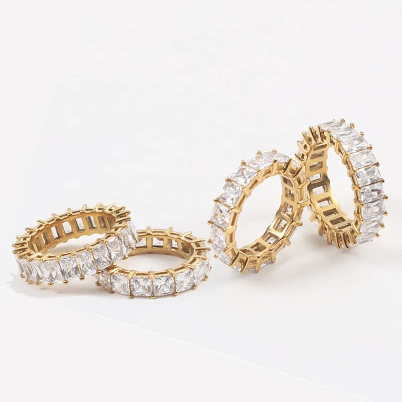New fashion 5A CZ Pave Rings 18K Gold Plated Stainless Steel Bling Bling Baguette Diamond Ring for Women