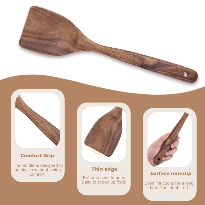 Manjia Wooden Spoons for Cooking Natural Wood Kitchen Utensils Set Spatulas Strainer Serving Spoon Salad Spoon Soup Ladle