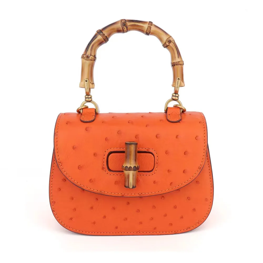 Top Quality Material Ostrich Skin Bag Special Design Bamboo Handle Handbag luxury handbags for women leather