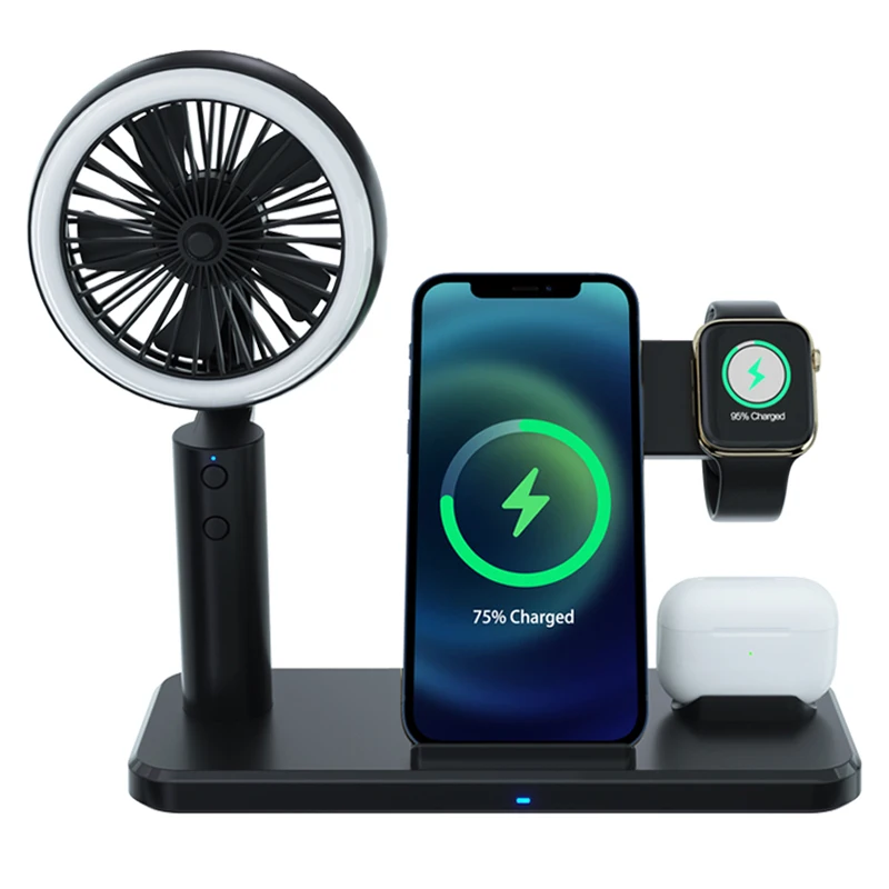 wholesales china alibaba universal qi 5 in 1 wireless watch phone charger with Cool Fan and night light